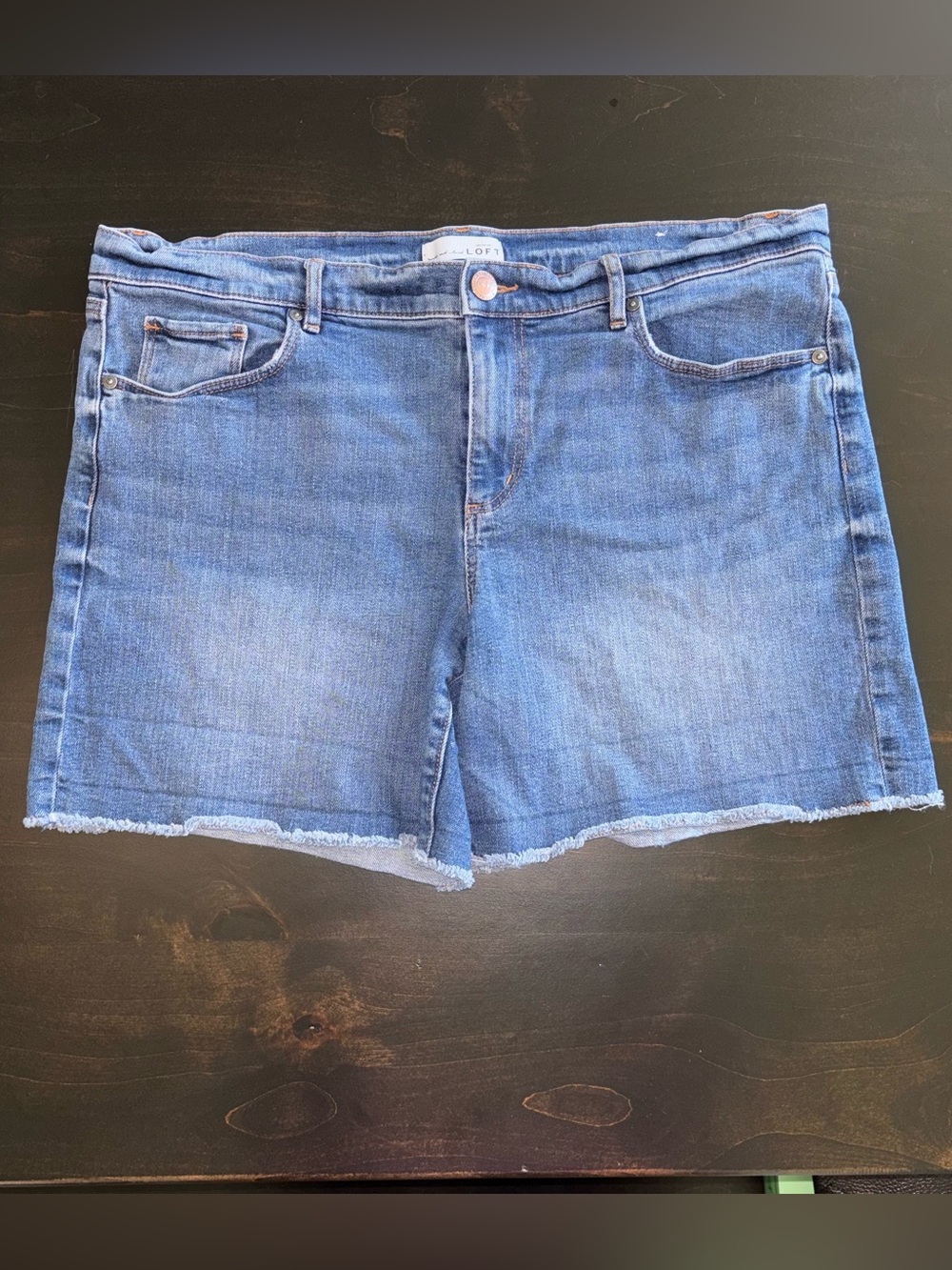 LOFT Size 14 Blue Denim Frayed Hem Shorts 5.5 Inseam EUC Zip Fly